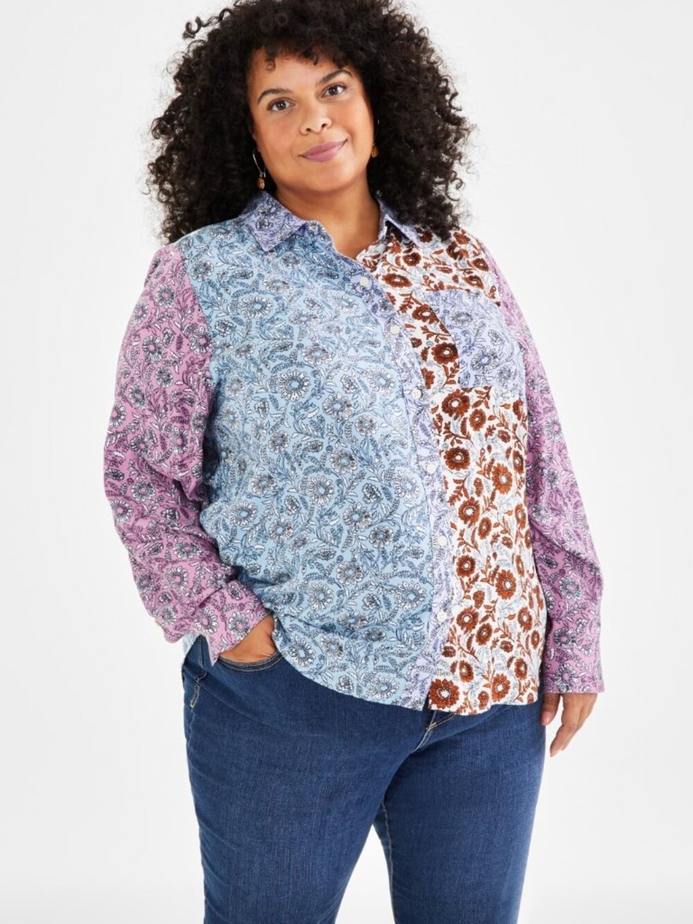 Style & Co Plus Size Blocked Bloom Perfect Shirt Bloom Autumn Summer Size 1X